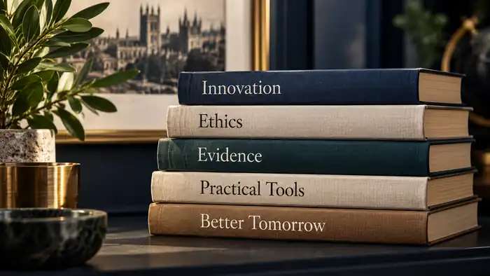 Five books titled Innovation, Ethics, Evidence, Practical Tools and Better Tomorrow beside a plant and framed architectural image.