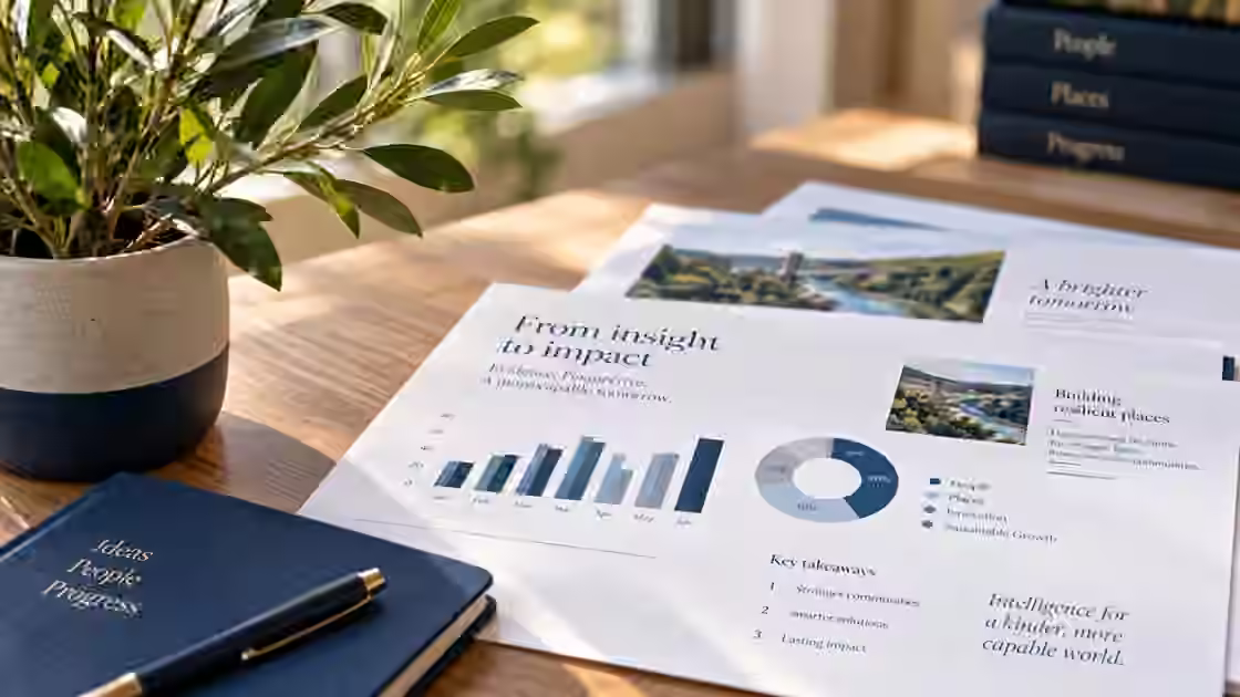 Printed reports with charts and analysis laid out beside a notebook, pen and plant.